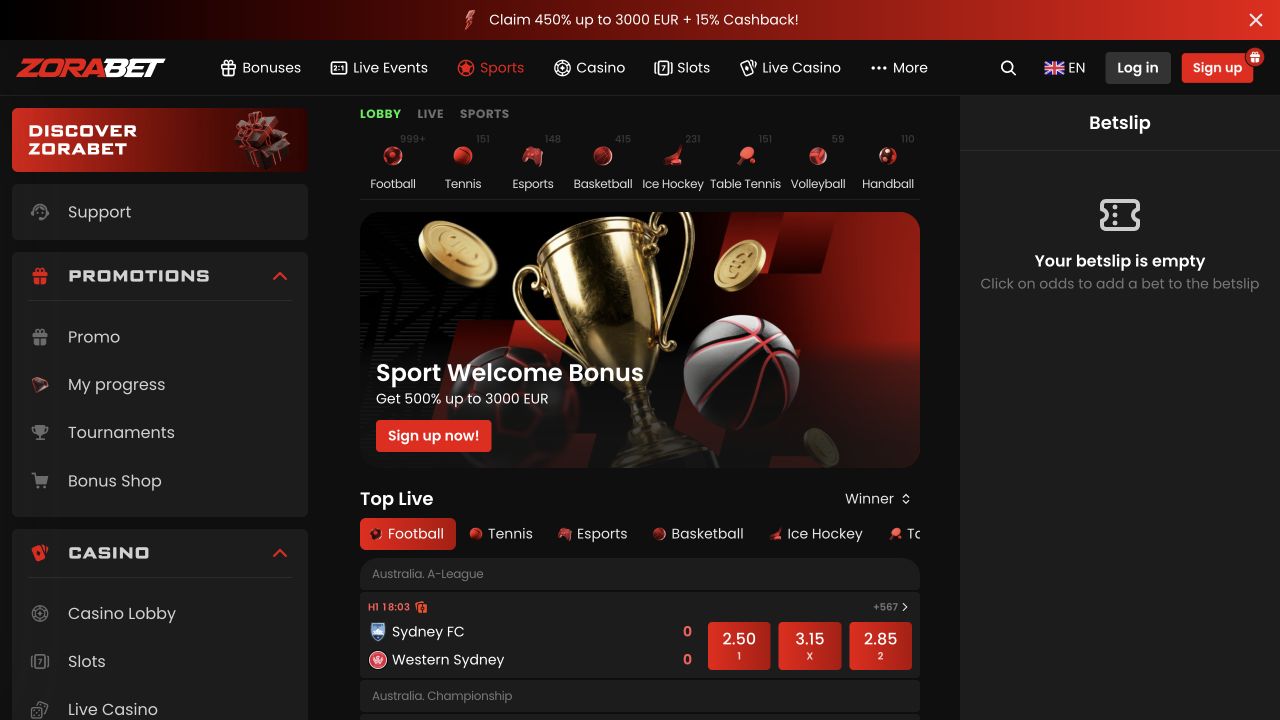 Zora.bet sport: navigare și piețe live. Interfață engleză, Cotele și evenimentele reprezintă o captură datată.